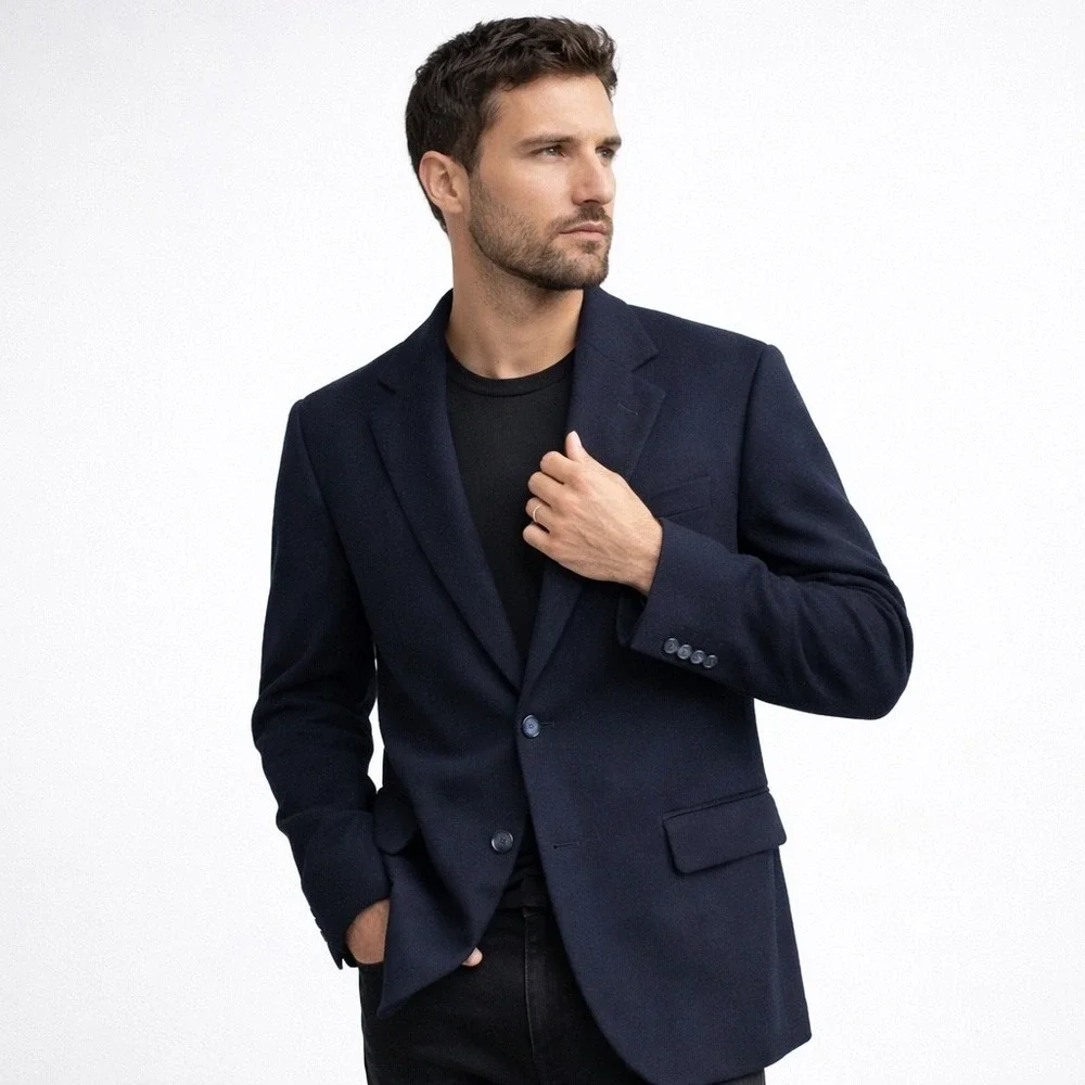 VTG 100% Cashmere Navy Blue Blazer USA Made Classic Tailored Sport Coat 44R